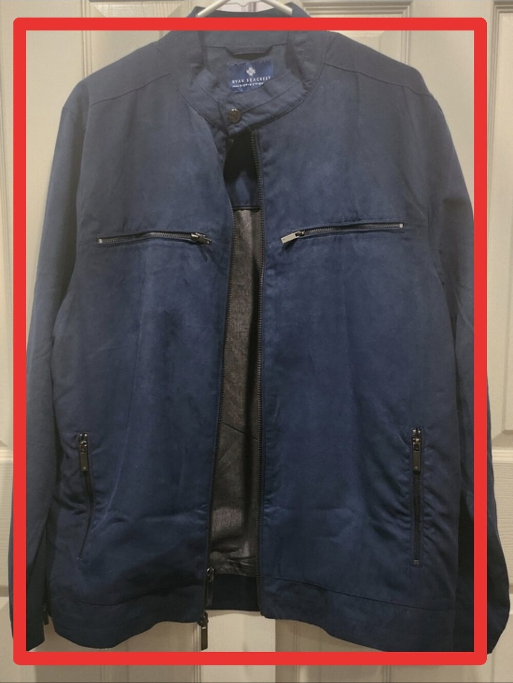 Ryan Seacrest Distinction Navy Suede Bomber Jacket with Zip Pockets